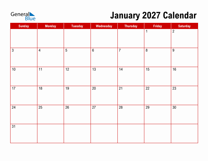 Simple Monthly Calendar - January 2027