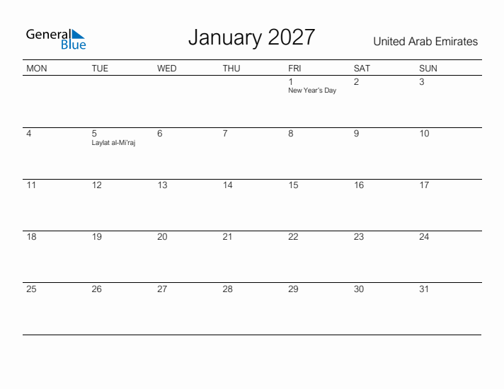Printable January 2027 Calendar for United Arab Emirates
