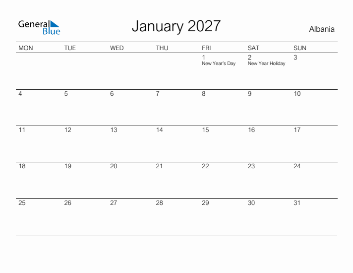 Printable January 2027 Calendar for Albania