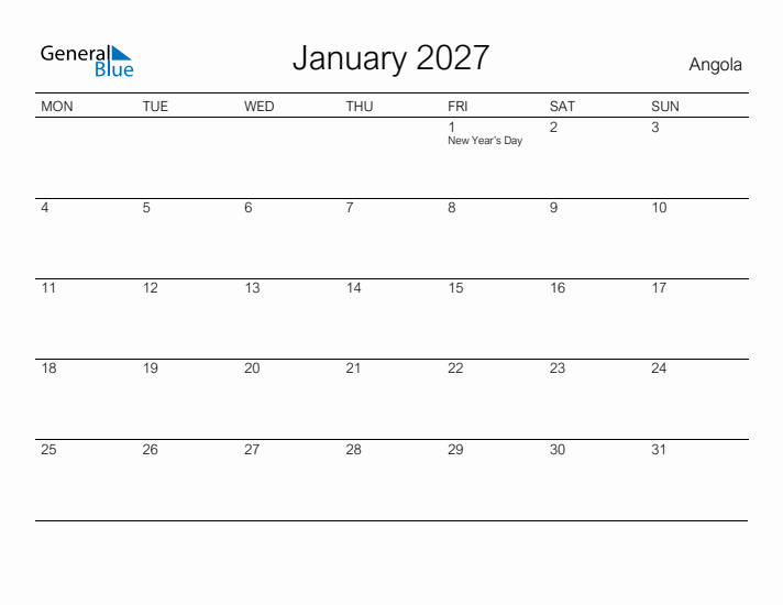 Printable January 2027 Calendar for Angola