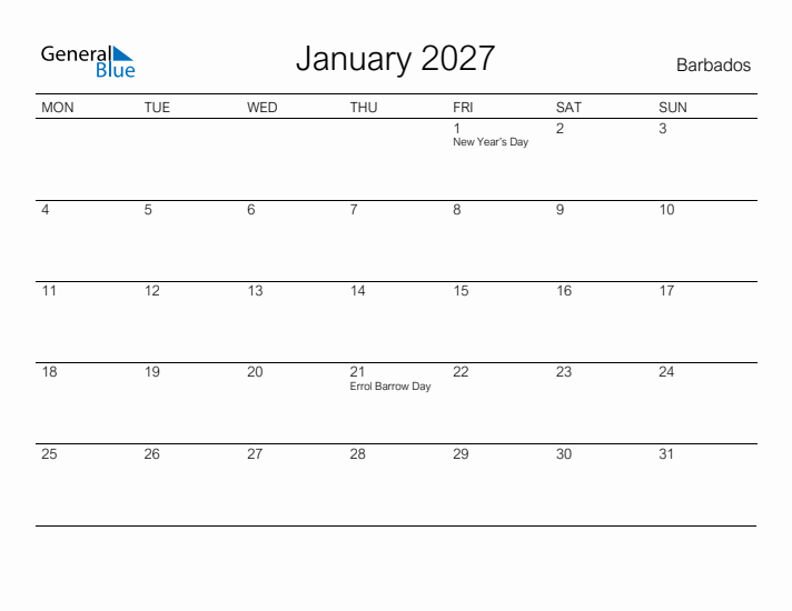 Printable January 2027 Calendar for Barbados