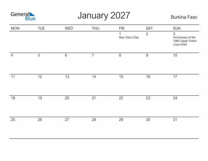 Printable January 2027 Calendar for Burkina Faso