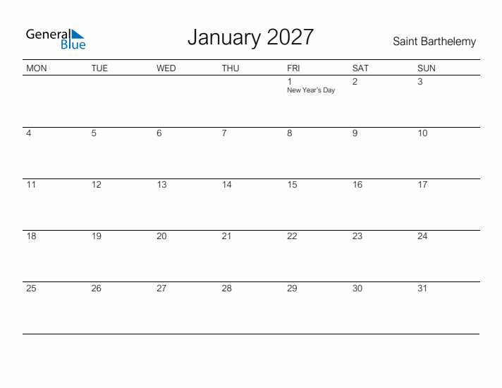 Printable January 2027 Calendar for Saint Barthelemy
