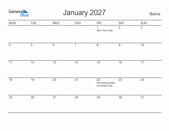 Printable January 2027 Calendar for Bolivia