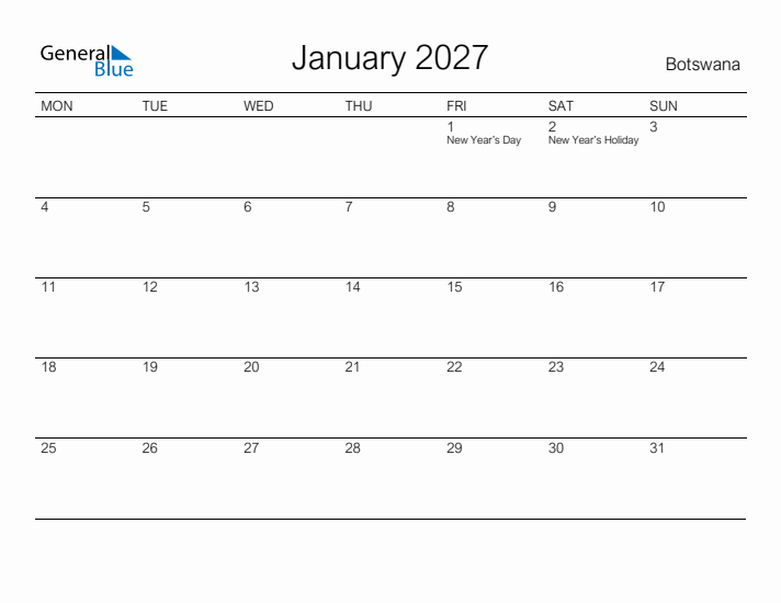 Printable January 2027 Calendar for Botswana