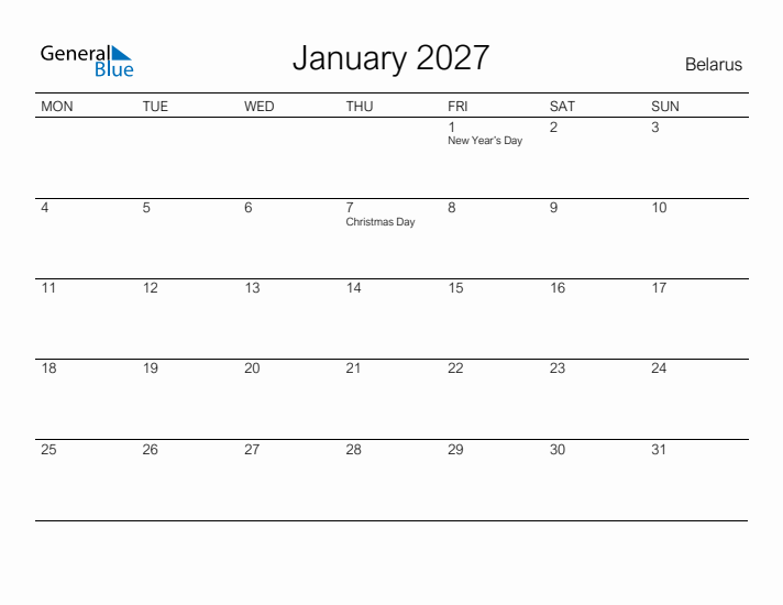 Printable January 2027 Calendar for Belarus