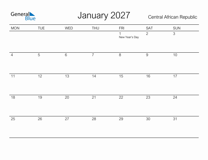 Printable January 2027 Calendar for Central African Republic