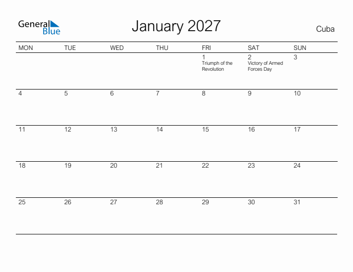 Printable January 2027 Calendar for Cuba