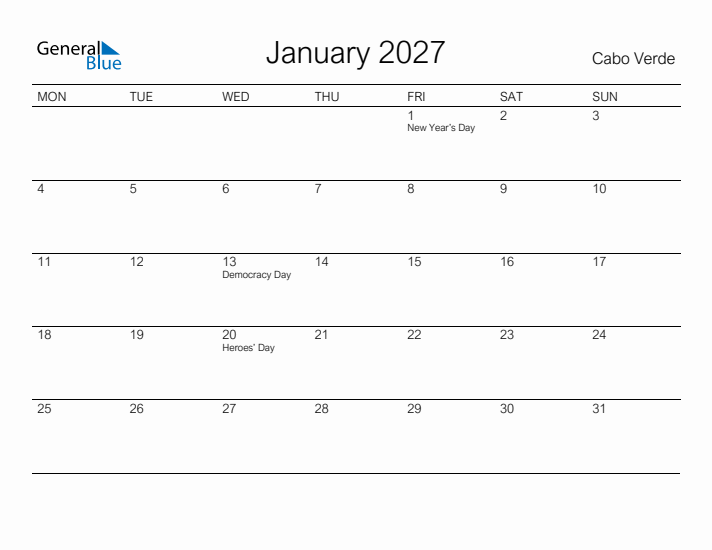 Printable January 2027 Calendar for Cabo Verde