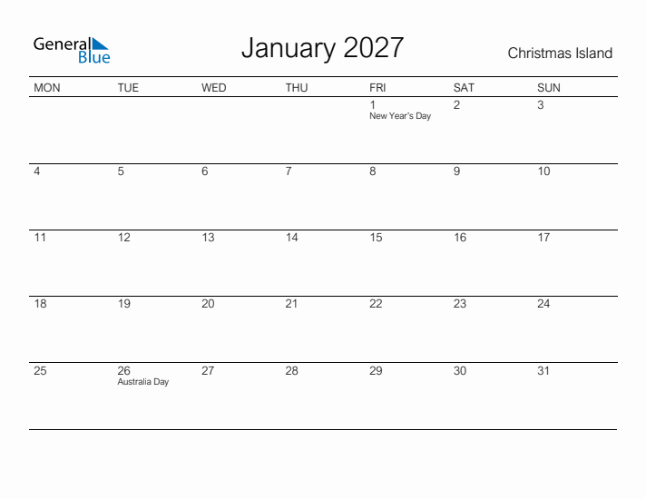 Printable January 2027 Calendar for Christmas Island