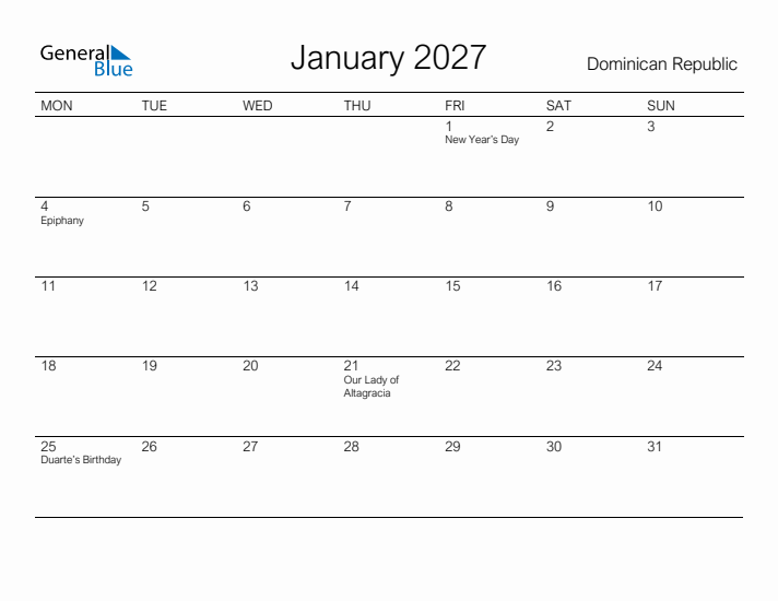 Printable January 2027 Calendar for Dominican Republic