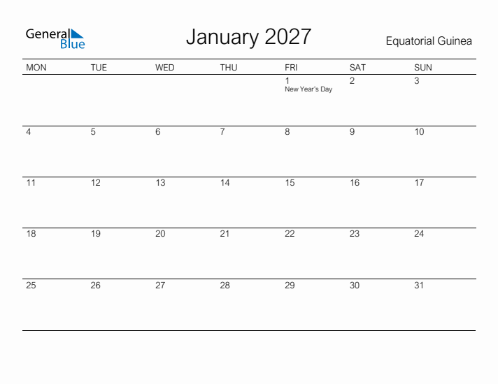 Printable January 2027 Calendar for Equatorial Guinea