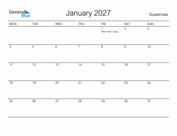 Printable January 2027 Calendar for Guatemala