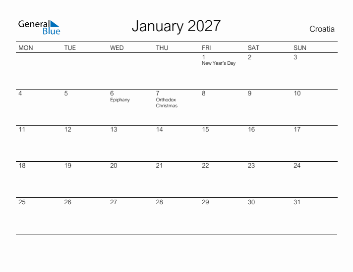 Printable January 2027 Calendar for Croatia