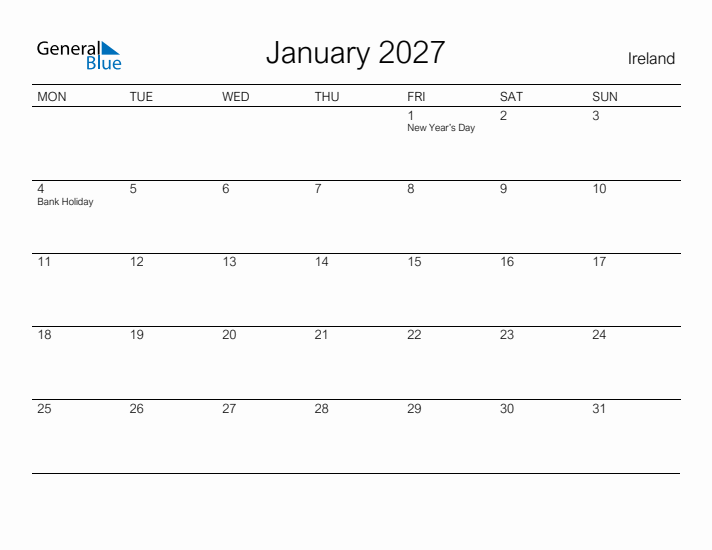 Printable January 2027 Calendar for Ireland