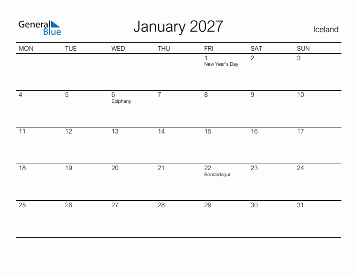 Printable January 2027 Calendar for Iceland