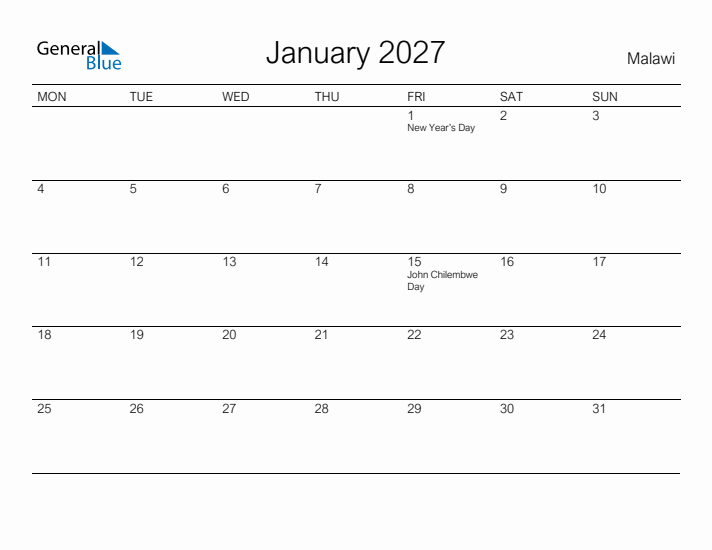 Printable January 2027 Calendar for Malawi