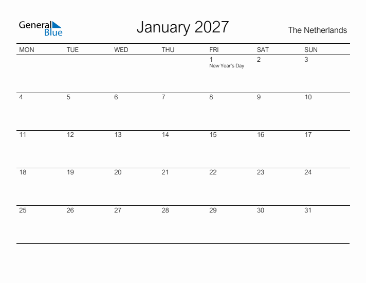 Printable January 2027 Calendar for The Netherlands