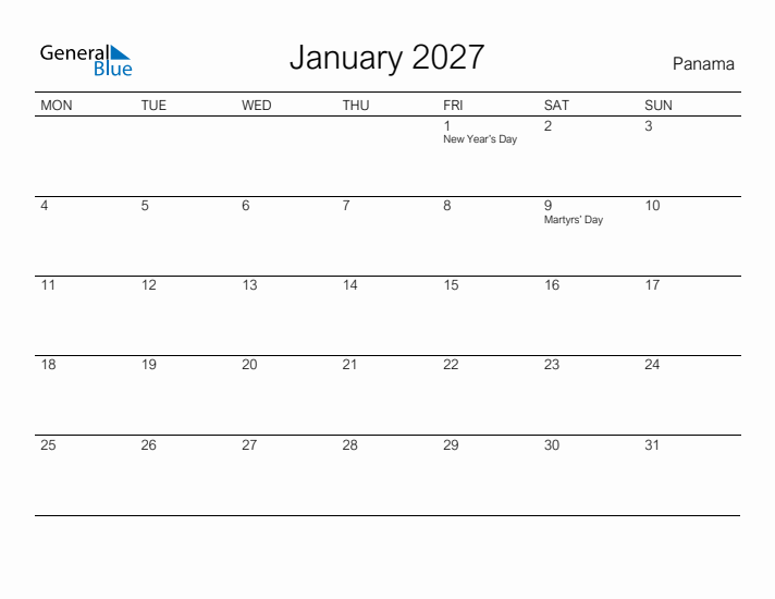 Printable January 2027 Calendar for Panama