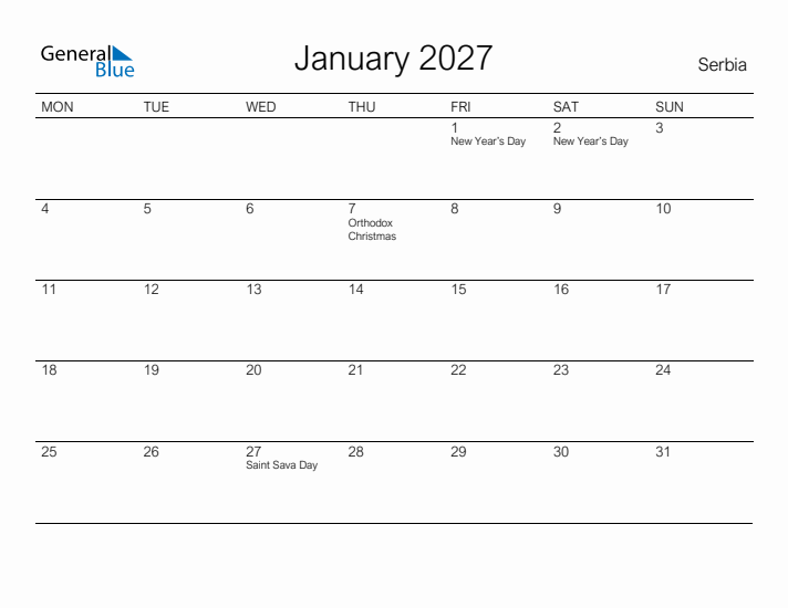 Printable January 2027 Calendar for Serbia