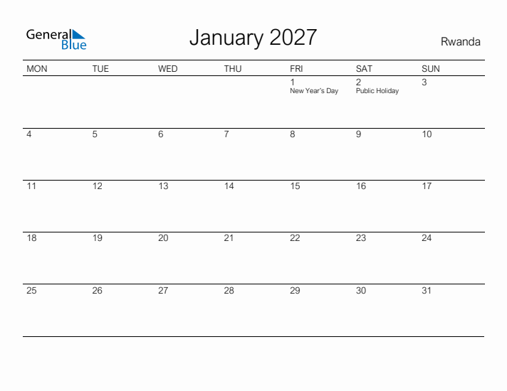 Printable January 2027 Calendar for Rwanda