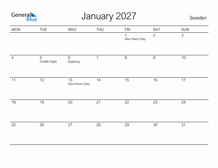 Printable January 2027 Calendar for Sweden