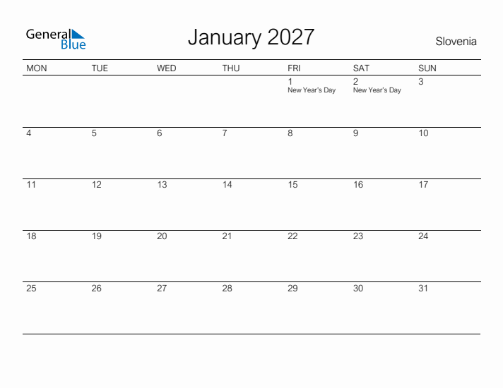 Printable January 2027 Calendar for Slovenia