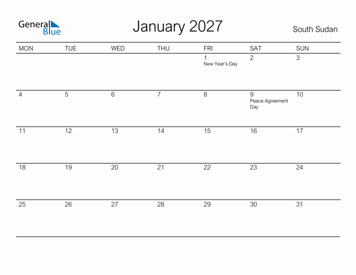 Printable January 2027 Calendar for South Sudan