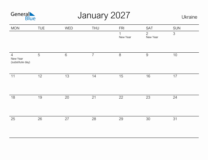 Printable January 2027 Calendar for Ukraine