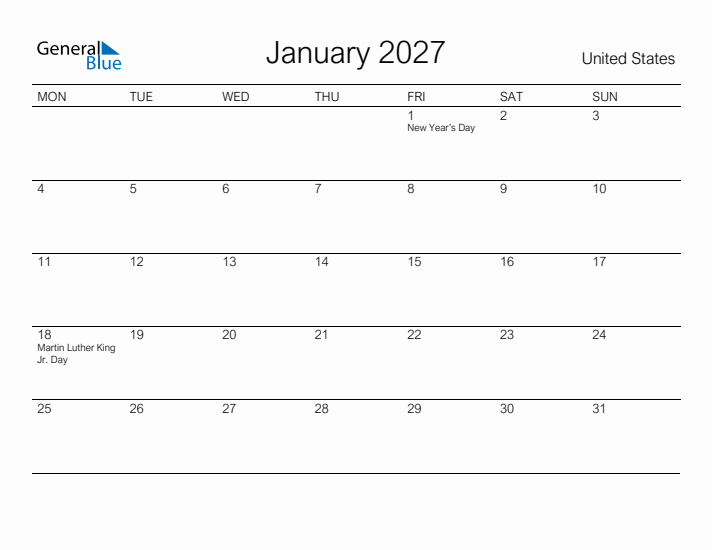 Printable January 2027 Calendar for United States