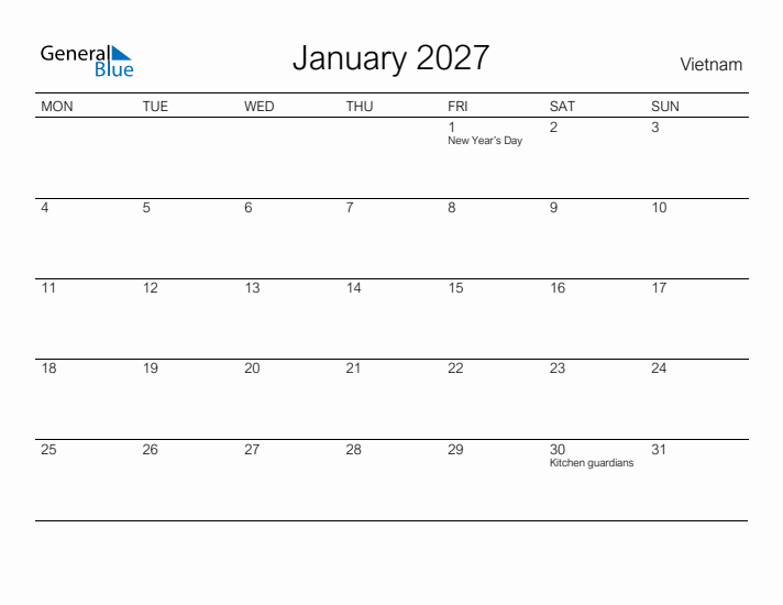 Printable January 2027 Calendar for Vietnam