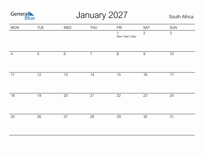 Printable January 2027 Calendar for South Africa