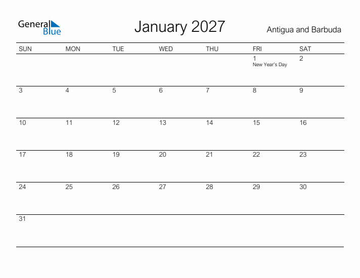 Printable January 2027 Calendar for Antigua and Barbuda