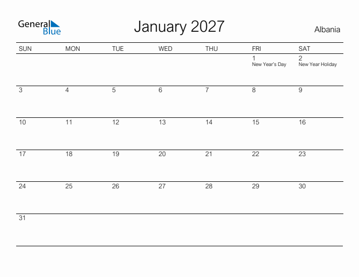 Printable January 2027 Calendar for Albania