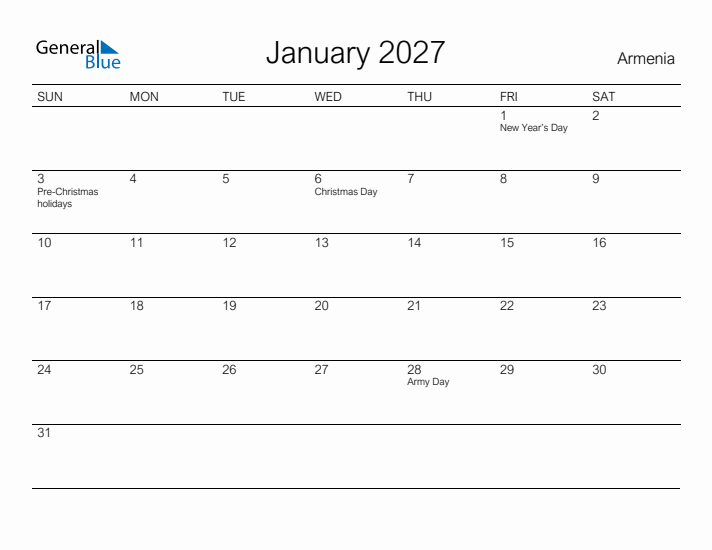 Printable January 2027 Calendar for Armenia