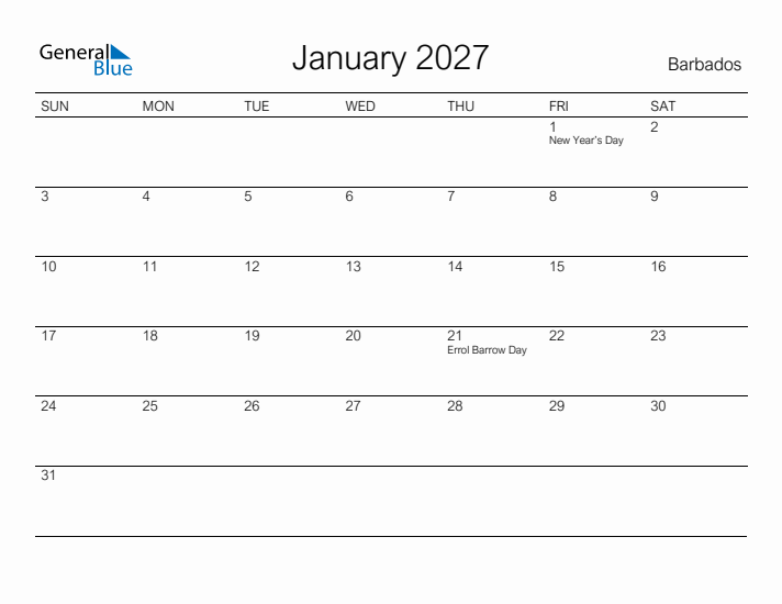 Printable January 2027 Calendar for Barbados
