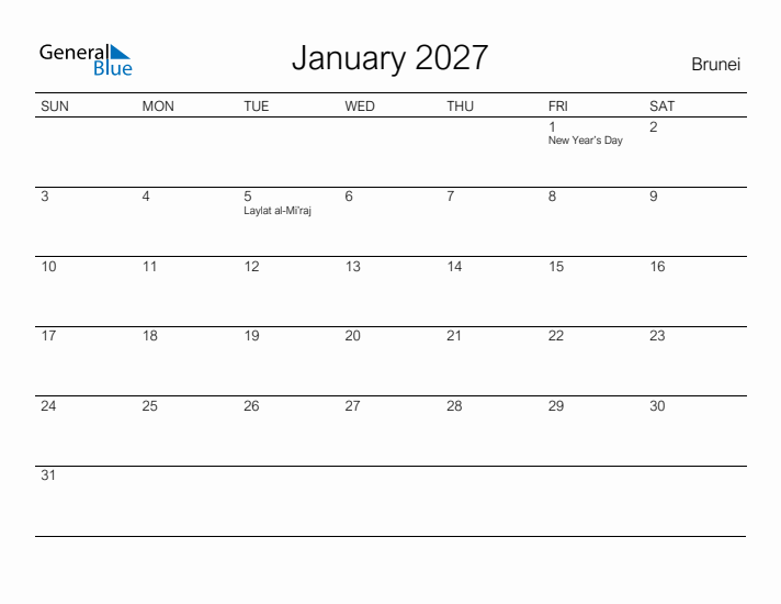 Printable January 2027 Calendar for Brunei