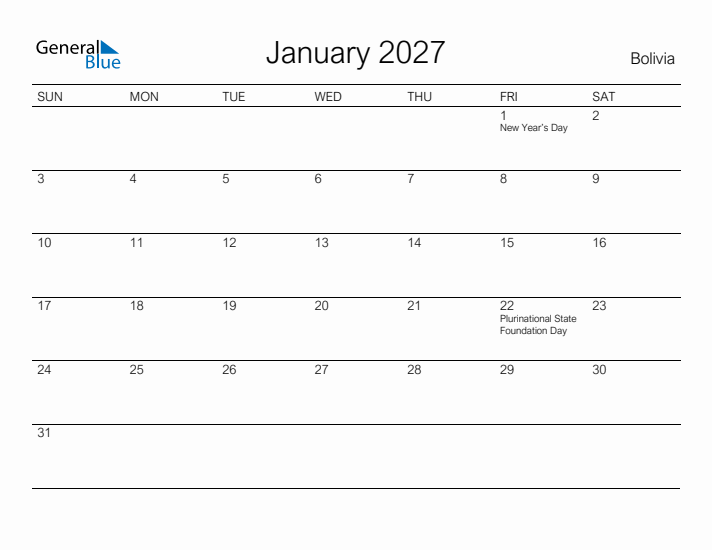 Printable January 2027 Calendar for Bolivia