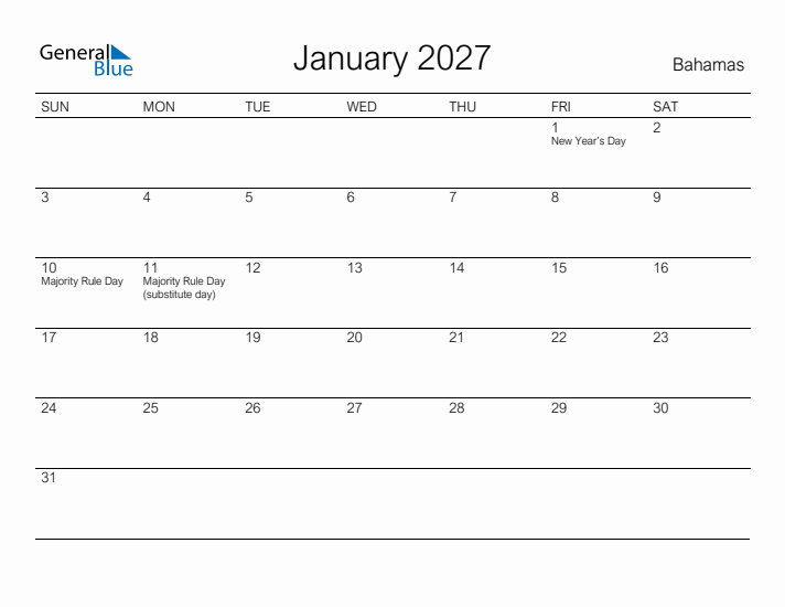 Printable January 2027 Calendar for Bahamas