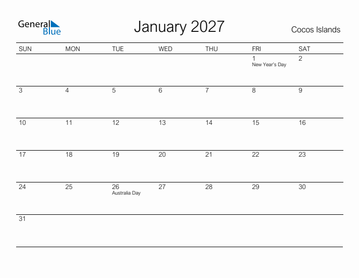 Printable January 2027 Calendar for Cocos Islands