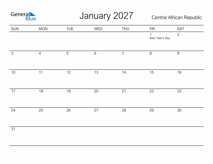 Printable January 2027 Calendar for Central African Republic