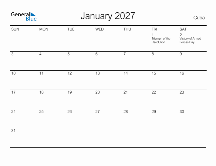Printable January 2027 Calendar for Cuba