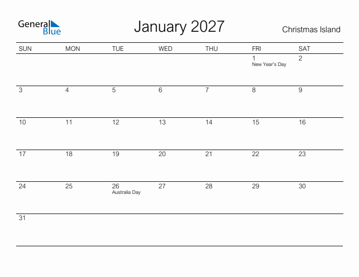 Printable January 2027 Calendar for Christmas Island