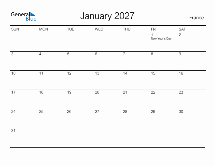 Printable January 2027 Calendar for France