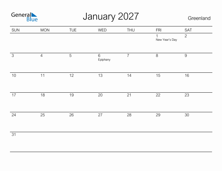 Printable January 2027 Calendar for Greenland
