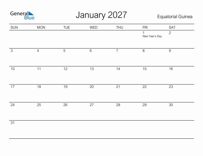 Printable January 2027 Calendar for Equatorial Guinea