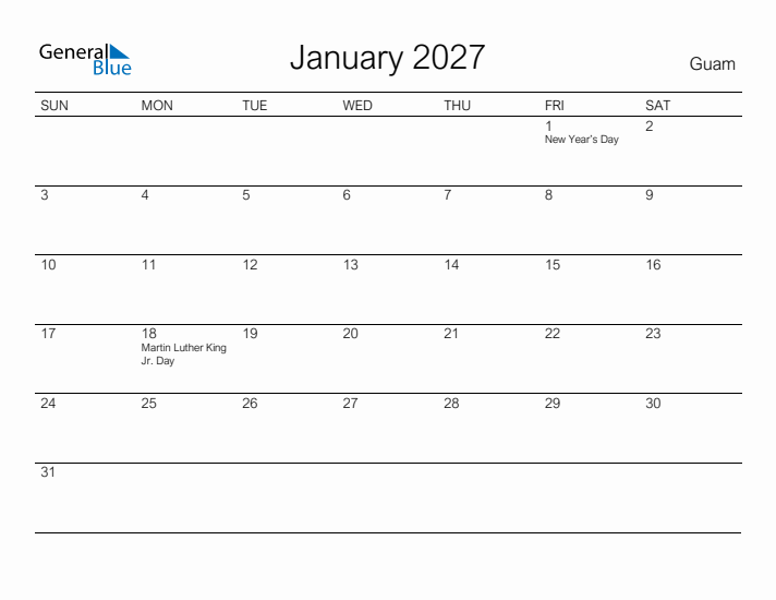 Printable January 2027 Calendar for Guam