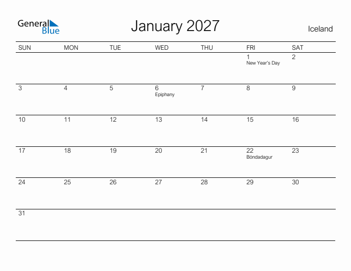 Printable January 2027 Calendar for Iceland