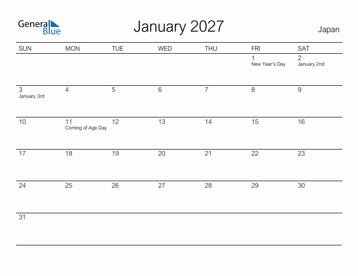 Printable January 2027 Calendar for Japan