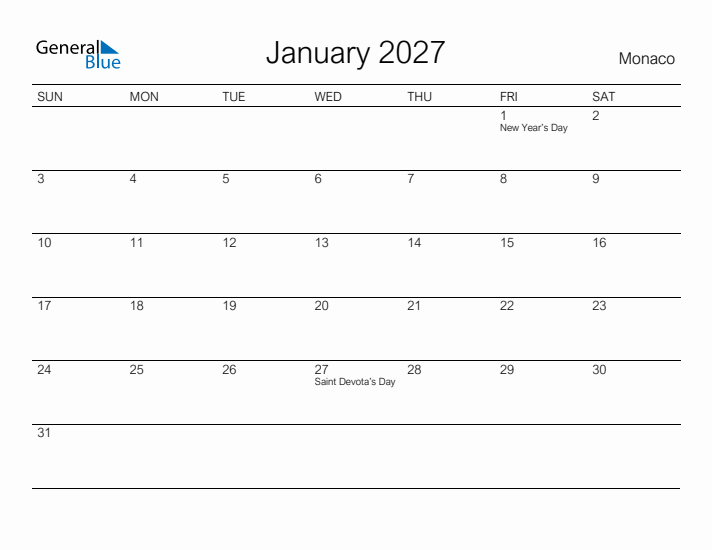 Printable January 2027 Calendar for Monaco